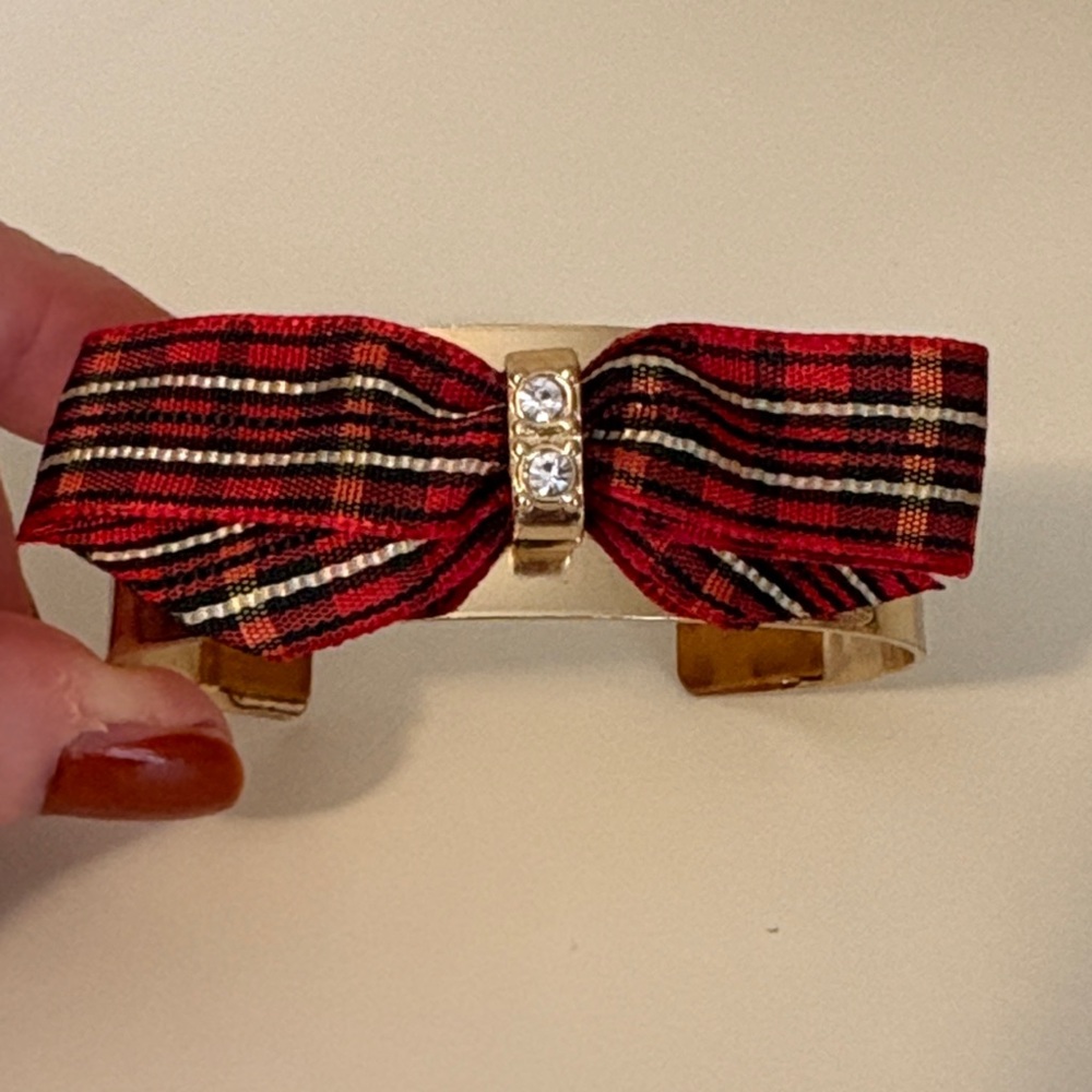 Plaid Gemstone Bow Gold Cuff Bracelet